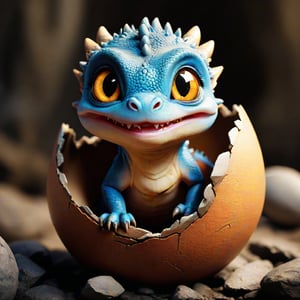 Make a realistic photo of a big cute baby dragon that hatched and coming out of cracked big egg, cute big real eyes, realistic eyes