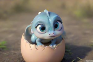 Make a realistic photo of a cute baby dragon that hatched and coming out of cracked egg, cute big eyes, realistic eyes,disney pixar style,Animal 