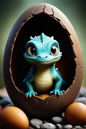 Make a realistic photo of a cute baby big dragon that hatched and coming out of cracked big egg, cute big young eyes, realistic eyes