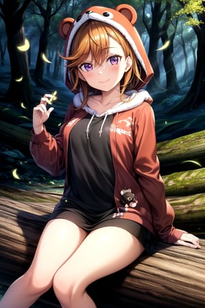 (masterpiece, best quality, ultra-detailed), (illustration), (beautiful detailed eyes), 1girl, solo, 1 girl seeing the horizon, landscape, wallpaper, shibuya kanon, purple eyes, orange hair, médium hair, (baby face, young face, cute face), medium hair, sitting on log, log, hoodie, bear hoodie, fur hoodie, bear hood, open hoodie, camisole ,long camisole:1, bare legs, no shoes, light smile, 8k, outdoors, forest, magic forest, dappling sunlight, fireflies, light particles, iluminated by fireflies, 