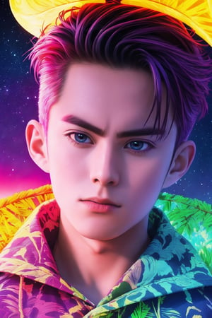 (best quality, 8K, ultra-detailed, masterpiece), (ultra-realistic, photorealistic), A breathtaking 8K solo portrait capturing the essence of a young boy in a synthwave art style, with a close-up view. His gaze fixated on the distant horizon, illuminated by a neon yellow glow (1.2), the night enveloping him in a dark theme. Above, a starry sky twinkles with bioluminescence, symbolizing his fortitude and wholesome spirit. The artwork is destined to be a poster, with palm leaves framing the composition, creating an unforgettable and mesmerizing masterpiece.