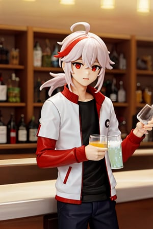 A collector's figure-style image of a boy with black wolf ears, a black neck tuft, and green eyes, wearing a red jacket and black jeans, serving as a bartender at a bar he owns, with a muscular body.BREAK,,(kaedehara kazuha,red hair,white hair,multicolor hair,streaked hair,bangs,hair between eyes,red eyes,ponytail,antenna hair)