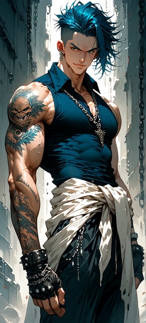 score_9, score_8_up, score_7_up,High-contrast, dramatic huge muscular man standing against a textured grungy background. Large vainy muscles, bodybuilder physique, The subject has dark blue hair, slicked back hair, top knot hair style, half-bun hair style, undercut hair style, blue and silver ear studs, silver eyebrow piercing, silver chain necklace, pale skin, black collared sleeveless, body heavily tattooed with intricate designs covering his arms and chest and back. He is wearing tight black pants, 3 silver chain belts around waist, white cloth around waist, black fingerless gloves with spiked metal knuckles, emotion ready for battle, smirk, The overall composition is dynamic, with the subject's expression and the dramatic lighting highlighting his physique and tattoos. 