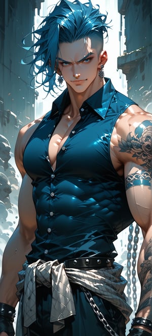 score_9, score_8_up, score_7_up,High-contrast, dramatic huge muscular man standing against a textured grungy background. The subject has dark blue hair, dlicked back top half-bun with undercut hair style, blue and silver ear studs, silver eyebrow piercing, pale skin, black collared sleeveless, body heavily tattooed with intricate designs covering his arms and chest and back. He is wearing tight black pants, 3 silver chain belts around waist, black fingerless gloves with metal spiked knuckles, emotion ready for battle, smirk, The overall composition is dynamic, with the subject's expression and the dramatic lighting highlighting his physique and tattoos. 