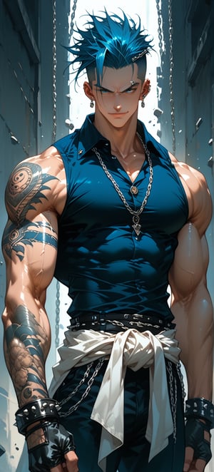 score_9, score_8_up, score_7_up,High-contrast, dramatic huge muscular man standing against a textured grungy background. Large vainy muscles, bodybuilder physique, The subject has dark blue hair, slicked back hair, top knot hair style, half-bun hair style, undercut hair style, blue and silver ear studs, silver eyebrow piercing, silver chain necklace, pale skin, black collared sleeveless, body heavily tattooed with intricate designs covering his arms and chest and back. He is wearing tight black pants, 3 silver chain belts around waist, white cloth around waist, black fingerless gloves with spiked metal knuckles, emotion ready for battle, smirk, The overall composition is dynamic, with the subject's expression and the dramatic lighting highlighting his physique and tattoos. 