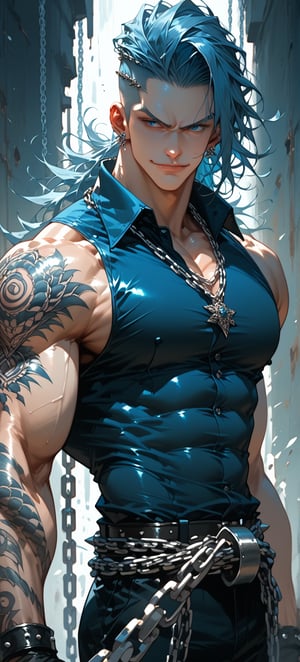 score_9, score_8_up, score_7_up,High-contrast, dramatic huge muscular man standing against a textured grungy background. The subject has dark blue hair, slicked back top half-bun with undercut sides hair style, blue and silver ear studs, silver eyebrow piercing, silver chain necklace, pale skin, black collared sleeveless, body heavily tattooed with intricate designs covering his arms and chest and back. He is wearing tight black pants, 3 silver chain belts around waist, black fingerless gloves with spiked metal knuckles, emotion ready for battle, smirk, The overall composition is dynamic, with the subject's expression and the dramatic lighting highlighting his physique and tattoos. 