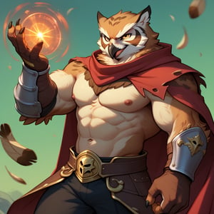 score_9, score_8_up, score_7_up, Anthro, owl, muscular, brown feathers, gold eyes, perfect hands, tattered cape, magic gauntlets, leather rune armor, black pants, alluring, handsome, evil, evil sexy smirk, fluffy body, scruffy, charismatic, brash dynamic pose, master manipulator, detailed anime background, chiaroscuro, In'ei, 8k, masterclass color theory, zPDXL