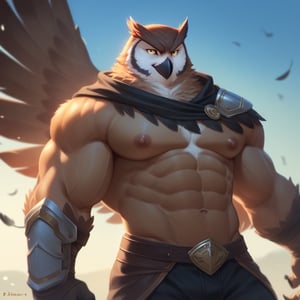 score_9, score_8_up, score_7_up,
  Anthro, owl, bird, muscular, gold eyes, , brown feathers, white feathered chest, 
8K, In'ei, chiaroscuro, depth of field, side lighting, cinematic lighting, clear_eyes,
perfect hands, perfect proportions, 6abs, peak physical perfection, perfect male physique, sexy muscular body, 
dynamic pose, detailed anime background, detailed photographic fluffy anime clouds, perfect hands, clever, charismatic, alluring and handsome, inviting smile, brash, masterful manipulator, ((head and neck and upper body with black feather textures on body,)), tattered cape, leather armor, black pants,  
BREAK zPDXL, zPDXLxxx,    bnav5 style,