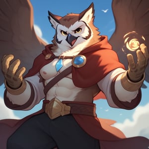 ((magic carved breastplate)), score_9, score_8_up, score_7_up,
Anthro, owl, bird, muscular, gold eyes, , brown feathers, white feathered chest, 
8K, In'ei, chiaroscuro, depth of field, side lighting, cinematic lighting, clear_eyes,
perfect hands, perfect proportions, 
dynamic pose, detailed anime background, detailed photographic fluffy anime clouds, perfect hands, clever, charismatic, alluring and handsome, inviting smile, brash, masterful manipulator, tattered cape, black pants,  
BREAK zPDXL, zPDXLxxx, 