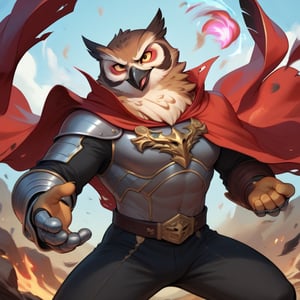 wingless, fighting, mid battle, slaying demons, score_9, score_8_up, score_7_up, Anthro, owl, muscular, brown feathers, gold eyes, perfect hands, tattered cape, magic gauntlets, leather armor, black pants, alluring, handsome, evil, beak, evil sexy smirk, fluffy body, white chest, scruffy, charismatic, brash dynamic pose, master manipulator, detailed anime background, hellscape, zoomed out, chiaroscuro, In'ei, 8k, masterclass color theory, zPDXL