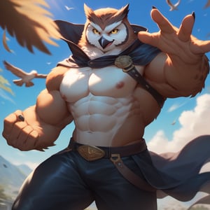 ((leather chestplate)), score_9, score_8_up, score_7_up,
Anthro, owl, bird, muscular, gold eyes, , brown feathers, white feathered chest, 
8K, In'ei, chiaroscuro, depth of field, side lighting, cinematic lighting, clear_eyes,
perfect hands, perfect proportions, 6abs, peak physical perfection, perfect male physique, sexy muscular body, 
dynamic pose, detailed anime background, detailed photographic fluffy anime clouds, perfect hands, clever, charismatic, alluring and handsome, inviting smile, brash, masterful manipulator, tattered cape, black pants,  
BREAK zPDXL, zPDXLxxx, bnav5 style,