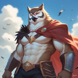 score_9, score_8_up, score_7_up,
  Anthro, owl, bird, muscular, gold eyes, , brown feathers, white feathered chest, 
8K, In'ei, chiaroscuro, depth of field, side lighting, cinematic lighting, clear_eyes,
perfect hands, perfect proportions, 6abs, peak physical perfection, perfect male physique, sexy muscular body, 
dynamic pose, detailed anime background, detailed photographic fluffy anime clouds, perfect hands, clever, charismatic, alluring and handsome, inviting smile, brash, masterful manipulator, ((head and neck and upper body with black feather textures on body,)), tattered cape, leather armor, black pants,  
BREAK zPDXL, zPDXLxxx,    bnav5 style,