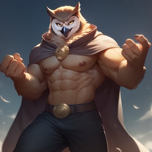 score_9, score_8_up, score_7_up,
  Anthro, owl, bird, muscular, gold eyes, , brown feathers, white feathered chest, 
8K, In'ei, chiaroscuro, depth of field, side lighting, cinematic lighting, clear_eyes,
perfect hands, perfect proportions, 6abs, peak physical perfection, perfect male physique, sexy muscular body, 
dynamic pose, detailed anime background, detailed photographic fluffy anime clouds, perfect hands, clever, charismatic, alluring and handsome, inviting smile, brash, masterful manipulator, tattered cape, (scale mail top), black pants,  
BREAK zPDXL, zPDXLxxx,    bnav5 style,