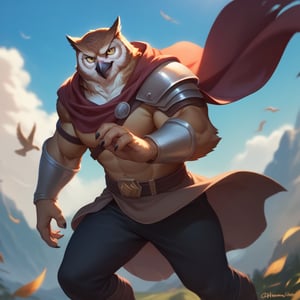 score_9, score_8_up, score_7_up,
  Anthro, owl, bird, muscular, gold eyes, , brown feathers, white feathered chest, 
8K, In'ei, chiaroscuro, depth of field, side lighting, cinematic lighting, clear_eyes,
perfect hands, perfect proportions, rogue armor, leather mail peak physical perfection, perfect male physique, sexy muscular body, 
dynamic pose, detailed anime background, detailed photographic fluffy anime clouds, perfect hands, clever, charismatic, alluring and handsome, inviting smile, brash, masterful manipulator, tattered cape, (scale mail top), black pants,  
BREAK zPDXL, zPDXLxxx,    bnav5 style,