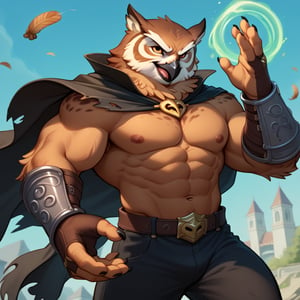 score_9, score_8_up, score_7_up, Anthro, owl, muscular, brown feathers, gold eyes, perfect hands, tattered cape, magic gauntlets, leather rune armor, black pants, alluring, handsome, evil, evil sexy smirk, fluffy body, scruffy, charismatic, brash dynamic pose, master manipulator, detailed anime background, chiaroscuro, In'ei, 8k, masterclass color theory, zPDXL