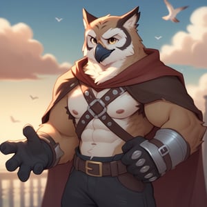 ((leather Brigandine)), score_9, score_8_up, score_7_up,
Anthro, owl, bird, muscular, gold eyes, , brown feathers, white feathered chest, 
8K, In'ei, chiaroscuro, depth of field, side lighting, cinematic lighting, clear_eyes,
perfect hands, perfect proportions, 
dynamic pose, detailed anime background, detailed photographic fluffy anime clouds, perfect hands, clever, charismatic, alluring and handsome, inviting smile, brash, masterful manipulator, tattered cape, black pants,  
BREAK zPDXL, zPDXLxxx, 