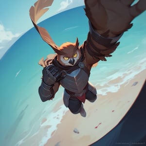 score_9, score_8_up, score_8, score_7_up, 8k, high quality, anthro, POV, from above, Dynamic angle, anthro, 1men, Owl, magic knight, (leather armor, tattered cape, magic gauntlets), yellow eyes, brown feathers, agressive, male, anthro, falling, injured,(rugged appearance, scruffy), blood, fierce, daytime, high-angle view, outside, ocean background, masterpiece, best quality, highly detailed, (perfect eyes:1.1)
    