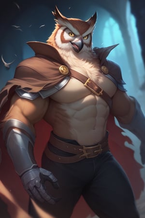 score_9, score_8_up, score_7_up,
Anthro, owl, bird, muscular, gold eyes, , brown feathers, white feathered chest, 
8K, In'ei, chiaroscuro, depth of field, side lighting, cinematic lighting, clear_eyes,
perfect hands, perfect proportions, (leather chest armor)
dynamic pose, detailed anime background, witches cavern, perfect hands, clever, charismatic, alluring and handsome, inviting smile, brash, masterful manipulator, tattered cape, black pants,  
BREAK zPDXL, zPDXLxxx, bnav5 style, 