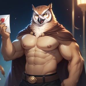 score_9, score_8_up, score_7_up,
  Anthro, owl, bird, muscular, gold eyes, , brown feathers, white feathered chest, 
8K, In'ei, chiaroscuro, depth of field, side lighting, cinematic lighting, clear_eyes,
perfect hands, perfect proportions, 6abs, peak physical perfection, perfect male physique, sexy muscular body, 
dynamic pose, detailed anime background, detailed photographic fluffy anime clouds, perfect hands, clever, charismatic, alluring and handsome, inviting smile, brash, masterful manipulator, ((head and neck and upper body with black feather textures on body,)), tattered cape, scale mail, black pants,  
BREAK zPDXL, zPDXLxxx,    bnav5 style,