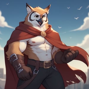 ((leather Brigandine)), score_9, score_8_up, score_7_up,
Anthro, owl, bird, muscular, gold eyes, , brown feathers, white feathered chest, 
8K, In'ei, chiaroscuro, depth of field, side lighting, cinematic lighting, clear_eyes,
perfect hands, perfect proportions, 
dynamic pose, detailed anime background, detailed photographic fluffy anime clouds, perfect hands, clever, charismatic, alluring and handsome, inviting smile, brash, masterful manipulator, tattered cape, black pants,  
BREAK zPDXL, zPDXLxxx, 