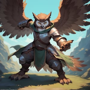 Anthropomorphic owl, male, young adult, brown feathers, gold eyes, talons, owl tail, determined expression, warrior mage, bandit armor, tattered cloak, magic gauntlets, standing pose, detailed background, kemono style, fantasy setting, high quality, full body shot, day,
 score_8, score_9, score_10  , zPDXL3  concept art, digital art, realistic,conceptart