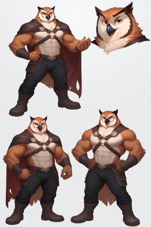 white background, 1male, solo, multiple faces, four faces, separate faces, reference sheet, expressions, different expressions, multiple views, different views, (Character description) score_9, score_8_up, score_7_up,
Anthro, owl, bird, muscular, gold eyes, , brown feathers, white feathered chest, 
8K, In'ei, chiaroscuro, depth of field, side lighting, cinematic lighting, clear_eyes,
perfect hands, perfect proportions, (leather chest armor)
dynamic pose, perfect hands, clever, charismatic, alluring and handsome, inviting smile, brash, masterful manipulator, tattered cape, black pants,  
BREAK zPDXL, zPDXLxxx, bnav5 style, 