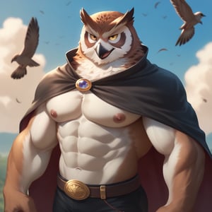 score_9, score_8_up, score_7_up,
  Anthro, owl, bird, muscular, gold eyes, , brown feathers, white feathered chest, 
8K, In'ei, chiaroscuro, depth of field, side lighting, cinematic lighting, clear_eyes,
perfect hands, perfect proportions, 6abs, peak physical perfection, perfect male physique, sexy muscular body, 
dynamic pose, detailed anime background, detailed photographic fluffy anime clouds, perfect hands, clever, charismatic, alluring and handsome, inviting smile, brash, masterful manipulator, ((head and neck and upper body with black feather textures on body,)), tattered cape, scale mail, black pants,  
BREAK zPDXL, zPDXLxxx,    bnav5 style,