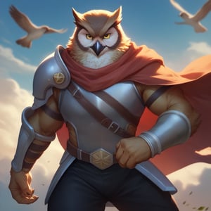 score_9, score_8_up, score_7_up,
  Anthro, owl, bird, muscular, gold eyes, , brown feathers, white feathered chest, 
8K, In'ei, chiaroscuro, depth of field, side lighting, cinematic lighting, clear_eyes,
perfect hands, perfect proportions, ((rogue armor)), leather chestplate,
dynamic pose, detailed anime background, detailed photographic fluffy anime clouds, perfect hands, clever, charismatic, alluring and handsome, inviting smile, brash, masterful manipulator, tattered cape, (scale mail top), black pants,  
BREAK zPDXL, zPDXLxxx,    bnav5 style,