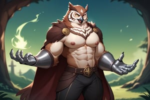 (onoff), score_9, score_8_up, score_7_up,
 Male, anthro, muscular, owl, talons, tailfeathers, brown feathers,
8K, In'ei, hiaroscuro, depth of field, rim lighting, masterclass color theory, depth of field, clear_eyes,
perfect hands, perfect proportions, thick arms, thick legs, large shoulders, large pecs, wide thick upper body, muscular neck, 6abs,
evil sexy smirk, alluring eyes, glimmering gold eyes, evil, tattered cape, rune armor, fluffy feathers, magic gauntlets, intricately detailed anime style background, sexy, handsome, black pants, rogue class, 
BREAK zPDXL, zPDXLxxx,