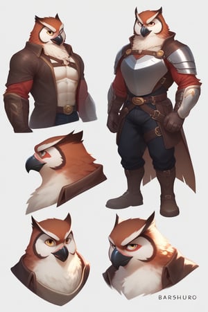 white background, 1male, solo, multiple faces, four faces, separate faces, reference sheet, expressions, different expressions, multiple views, different views, (Character description) score_9, score_8_up, score_7_up,
Anthro, owl, bird, muscular, gold eyes, , brown feathers, white feathered chest, 
8K, In'ei, chiaroscuro, depth of field, side lighting, cinematic lighting, clear_eyes,
perfect hands, perfect proportions, (leather chest armor)
dynamic pose, perfect hands, clever, charismatic, alluring and handsome, inviting smile, , closed mouth, beak, brash, masterful manipulator, tattered cape, black pants,  
BREAK zPDXL, zPDXLxxx, bnav5 style, 