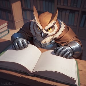 score_9, score_8_up, score_8, score_7_up, 8k, high quality, anthro, POV, from above, Dynamic angle, anthro, 1men, Owl, magic knight, (leather armor, tattered cape, magic gauntlets), yellow eyes, brown feathers, magical tome, male, anthro, reading, sitting, laying back, (rugged appearance, scruffy), serene, calm, daytime,  inside, library background, masterpiece, best quality, highly detailed, (perfect eyes:1.1)
    