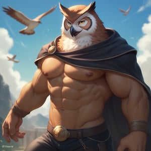 score_9, score_8_up, score_7_up,
  Anthro, owl, bird, muscular, gold eyes, , brown feathers, white feathered chest, 
8K, In'ei, chiaroscuro, depth of field, side lighting, cinematic lighting, clear_eyes,
perfect hands, perfect proportions, 6abs, peak physical perfection, perfect male physique, sexy muscular body, 
dynamic pose, detailed anime background, detailed photographic fluffy anime clouds, perfect hands, clever, charismatic, alluring and handsome, inviting smile, brash, masterful manipulator, ((head and neck and upper body with black feather textures on body,)), tattered cape, leather armor, black pants,  
BREAK zPDXL, zPDXLxxx,    bnav5 style,