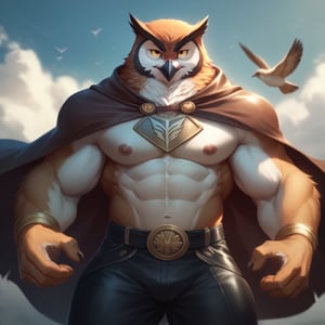 score_9, score_8_up, score_7_up,
  Anthro, owl, bird, muscular, gold eyes, , brown feathers, white feathered chest, 
8K, In'ei, chiaroscuro, depth of field, side lighting, cinematic lighting, clear_eyes,
perfect hands, perfect proportions, 6abs, peak physical perfection, perfect male physique, sexy muscular body, 
dynamic pose, detailed anime background, detailed photographic fluffy anime clouds, perfect hands, clever, charismatic, alluring and handsome, inviting smile, brash, masterful manipulator, ((leather chestplate)), tattered cape, black pants,  
BREAK zPDXL, zPDXLxxx, bnav5 style,