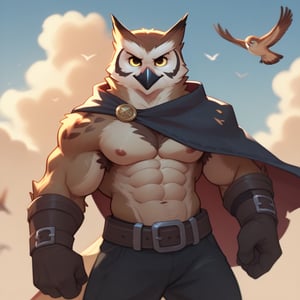 ((leather breastplate)), score_9, score_8_up, score_7_up,
Anthro, owl, bird, muscular, gold eyes, , brown feathers, white feathered chest, 
8K, In'ei, chiaroscuro, depth of field, side lighting, cinematic lighting, clear_eyes,
perfect hands, perfect proportions, 6abs, peak physical perfection, perfect male physique, sexy muscular body, 
dynamic pose, detailed anime background, detailed photographic fluffy anime clouds, perfect hands, clever, charismatic, alluring and handsome, inviting smile, brash, masterful manipulator, tattered cape, black pants,  
BREAK zPDXL, zPDXLxxx, 