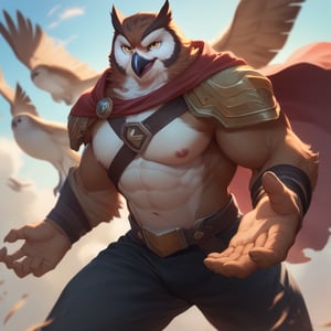 score_9, score_8_up, score_7_up,
  Anthro, owl, bird, muscular, gold eyes, , brown feathers, white feathered chest, 
8K, In'ei, chiaroscuro, depth of field, side lighting, cinematic lighting, clear_eyes,
perfect hands, perfect proportions, ((rogue armor)), leather chestplate. peak physical perfection, perfect male physique, sexy muscular body, 
dynamic pose, detailed anime background, detailed photographic fluffy anime clouds, perfect hands, clever, charismatic, alluring and handsome, inviting smile, brash, masterful manipulator, tattered cape, (scale mail top), black pants,  
BREAK zPDXL, zPDXLxxx,    bnav5 style,