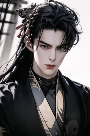 (cowboy shot), dynamic action style, (1man), (male:1.2), mature face, (mature boy:1.2), (Chinese hanfu with black and gold accents), finely detailed eyes and face, (long black straight hair:1.2), (black eyes:1.1), (focus on character:1.1), ((solo)), detailed face, detailed eyes, Chinese epic style, clear subject, ultra realistic, ultra detailed, OC rendering, blender, high detail, ultra high quality, dark and ominous atmosphere, Chinese acient city