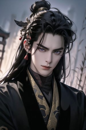 (cowboy shot), dynamic action style, (1man), (male:1.2), mature face, (mature boy:1.2), sinister smirk, (Chinese hanfu with black and gold accents), finely detailed eyes and face, (long black straight hair:1.2), (purple eyes:1.1), (focus on character:1.1), ((solo)), detailed face, detailed eyes, Chinese epic style, clear subject, ultra realistic, ultra detailed, OC rendering, blender, high detail, ultra high quality, dark and ominous atmosphere, Chinese acient city