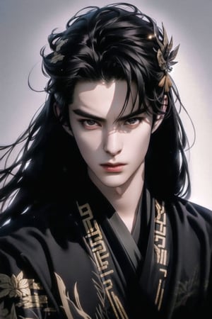 (cowboy shot), dynamic action style, (1man), (male:1.2), mature face, (mature boy:1.2), (Chinese hanfu with black and gold accents), finely detailed eyes and face, (long black straight hair:1.2), (black eyes:1.1), (focus on character:1.1), ((solo)), detailed face, detailed eyes, Chinese epic style, clear subject, ultra realistic, ultra detailed, OC rendering, blender, high detail, ultra high quality, dark and ominous atmosphere, Chinese acient city