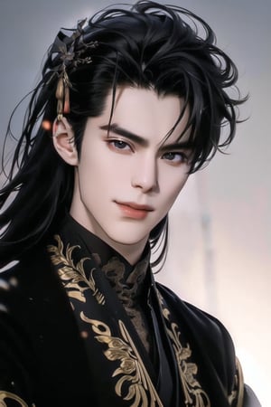 (cowboy shot), dynamic action style, (1man), (male:1.2), mature face, (mature boy:1.2), smile, (Chinese hanfu with black and gold accents), finely detailed eyes and face, (long black straight hair:1.2), (black eyes:1.1), (focus on character:1.1), ((solo)), detailed face, detailed eyes, Chinese epic style, clear subject, ultra realistic, ultra detailed, OC rendering, blender, high detail, ultra high quality, dark and ominous atmosphere, Chinese acient city