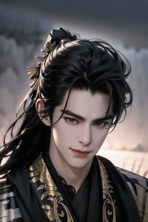 (cowboy shot), dynamic action style, (1man), (male:1.2), mature face, (mature boy:1.2), smile, (Chinese hanfu with black and gold accents), finely detailed eyes and face, (long black straight hair:1.2), (black eyes:1.1), (focus on character:1.1), ((solo)), detailed face, detailed eyes, Chinese epic style, clear subject, ultra realistic, ultra detailed, OC rendering, blender, high detail, ultra high quality, dark and ominous atmosphere, Chinese acient city