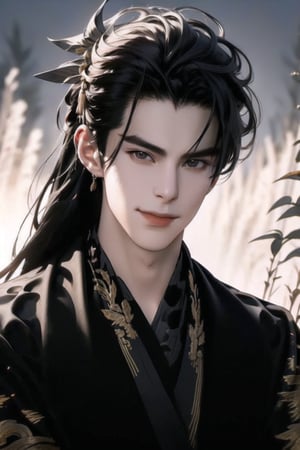 (cowboy shot), dynamic action style, (1man), (male:1.2), mature face, (mature boy:1.2), smile, (Chinese hanfu with black and gold accents), finely detailed eyes and face, (long black straight hair:1.2), (black eyes:1.1), (focus on character:1.1), ((solo)), detailed face, detailed eyes, Chinese epic style, clear subject, ultra realistic, ultra detailed, OC rendering, blender, high detail, ultra high quality, dark and ominous atmosphere, Chinese acient city