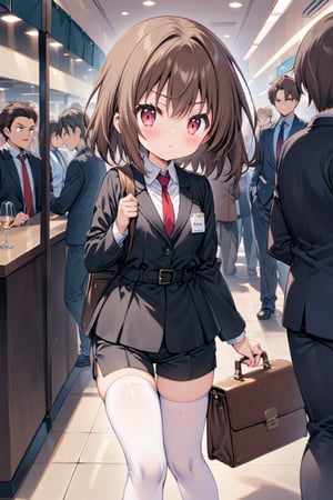 The image depicts a young anime character standing in front of a booth labeled "Hiring Now!" The character is dressed in a formal black suit with a red tie, and is carrying a brown briefcase. The character has brown hair and is looking directly at the viewer with a serious expression. The background of the image features other people, suggesting that the character is at a busy event or convention. The overall impression is that of a professional setting, possibly a job fair or a business event., loli,white stockings