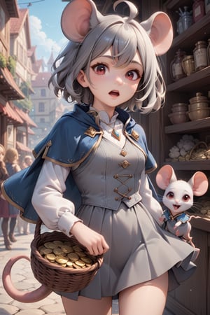 score_9, score_8_up, score_7_up, score_6_up, score_5_up, nazrin, 1girl, solo, short hair, open mouth, bangs, skirt, shirt, red eyes, long sleeves, holding, animal ears, jewelry, tail, white shirt, ahoge, grey hair, cowboy shot, :o, vest, capelet, cover, cover page, skirt set, pendant, grey skirt, mouse ears, basket, grey dress, mouse tail, coin, mouse, grey vest, mouse girl, blue capelet, dowsing rod, maneki-neko