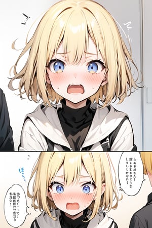 masterpiece, best quality, 1 girl, cute, golden blonde hair, medium length, bob cut, surprised, blush, open mouth, embarrassed,  flustered, cute, tsundere, closeup
