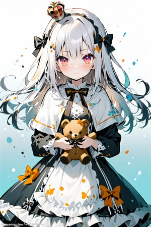 1girl, solo, long hair, looking at viewer, blush, bangs, brown hair, hair ornament, red eyes, long sleeves, dress, bow, holding, closed mouth, hair bow, frills, bowtie, black dress, fur trim, black bow, capelet, watermark, stuffed toy, frilled dress, stuffed animal, crown, box, gift, lolita fashion, teddy bear, orange bow, mini crown, holding stuffed toy,hue