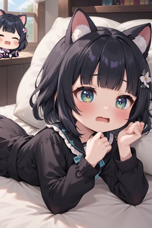 1girl, solo, blush, short hair, open mouth, bangs, black hair, long sleeves, animal ears, lying, virtual youtuber, blunt bangs, chibi, wavy mouth, on stomach, sleepy