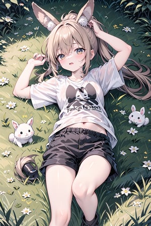 masterpiece,hig quality, 1 girl, long ponytail, choppy bans, brown hair.
short, T-shirts, short pants.

Lying on grass, rabbit ear.

dynamic, highly detailed, concept art, smooth, sharp focus.