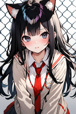 1girl, solo, long hair, blush, bangs, black hair, animal ears, school uniform, necktie, cat ears, black eyes, red necktie, fence, chain-link fence,hue