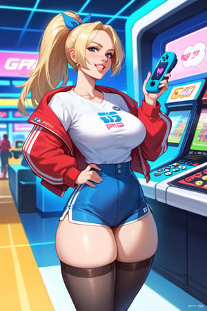 score_9, score_8_up, score_7_up, 1girl, solo, blonde, ponytail, headphone, gamer girl, ps5. pretty girl, long hair, huge tits, tits bursting out of her top, thin waist, curvy hip, thick thighs. 1980s colours & clothes. Bashful. Arcade, detailed eyes, bright teeth, full lips,black stockings