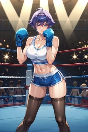 score_9, score_8_up, score_7_up, score_6_up, BREAK source_anime, by aoi nagisa \(metalder\), 1girl, tank top, boxing girl, boxing ring, blue short, boxing gloves, masterpiece, best quality, very aesthetic, absurdres,black stockings